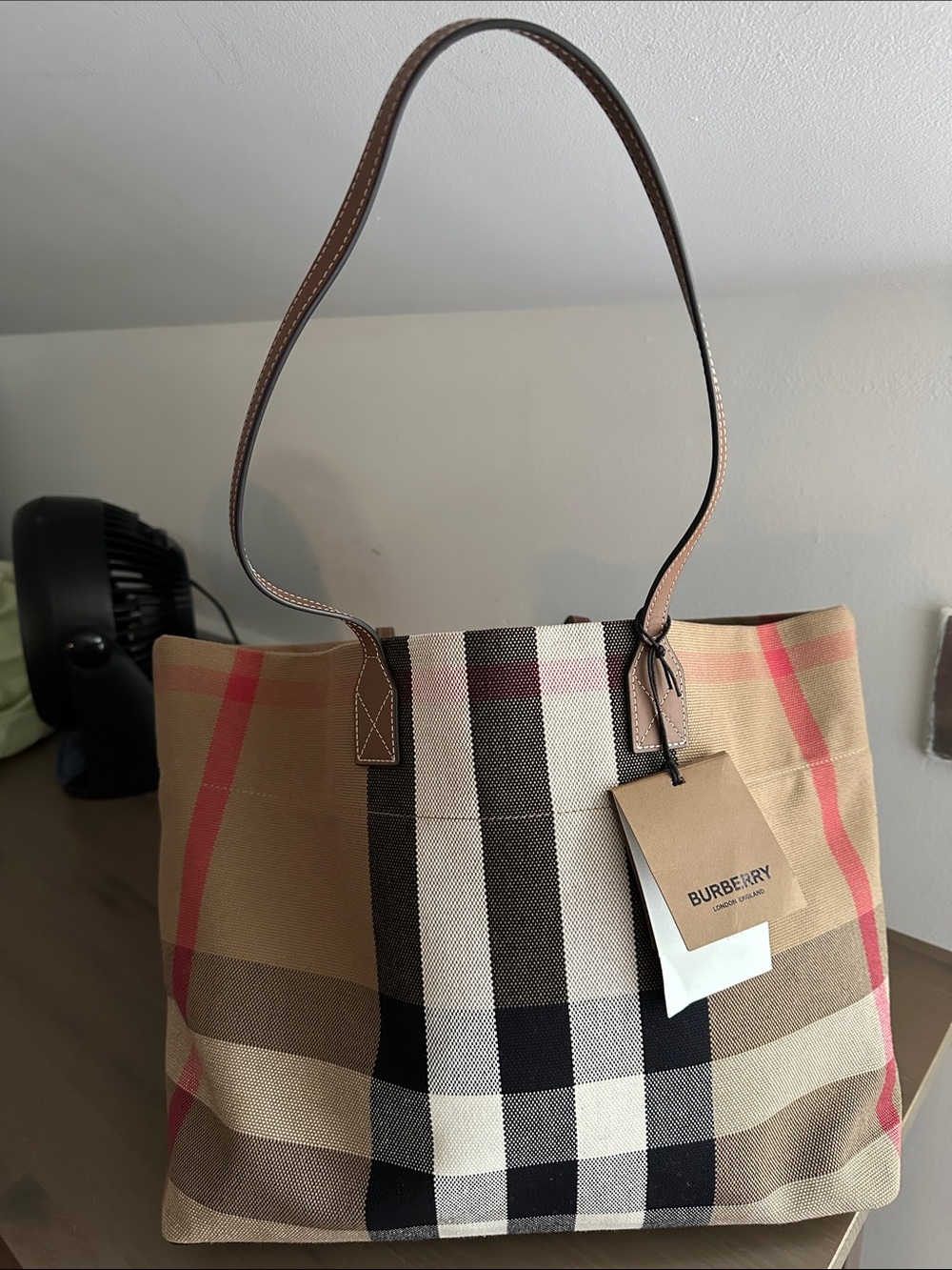 Burberry London Check Canvas Tote with Brown Leather Straps - Picture 13 of 13